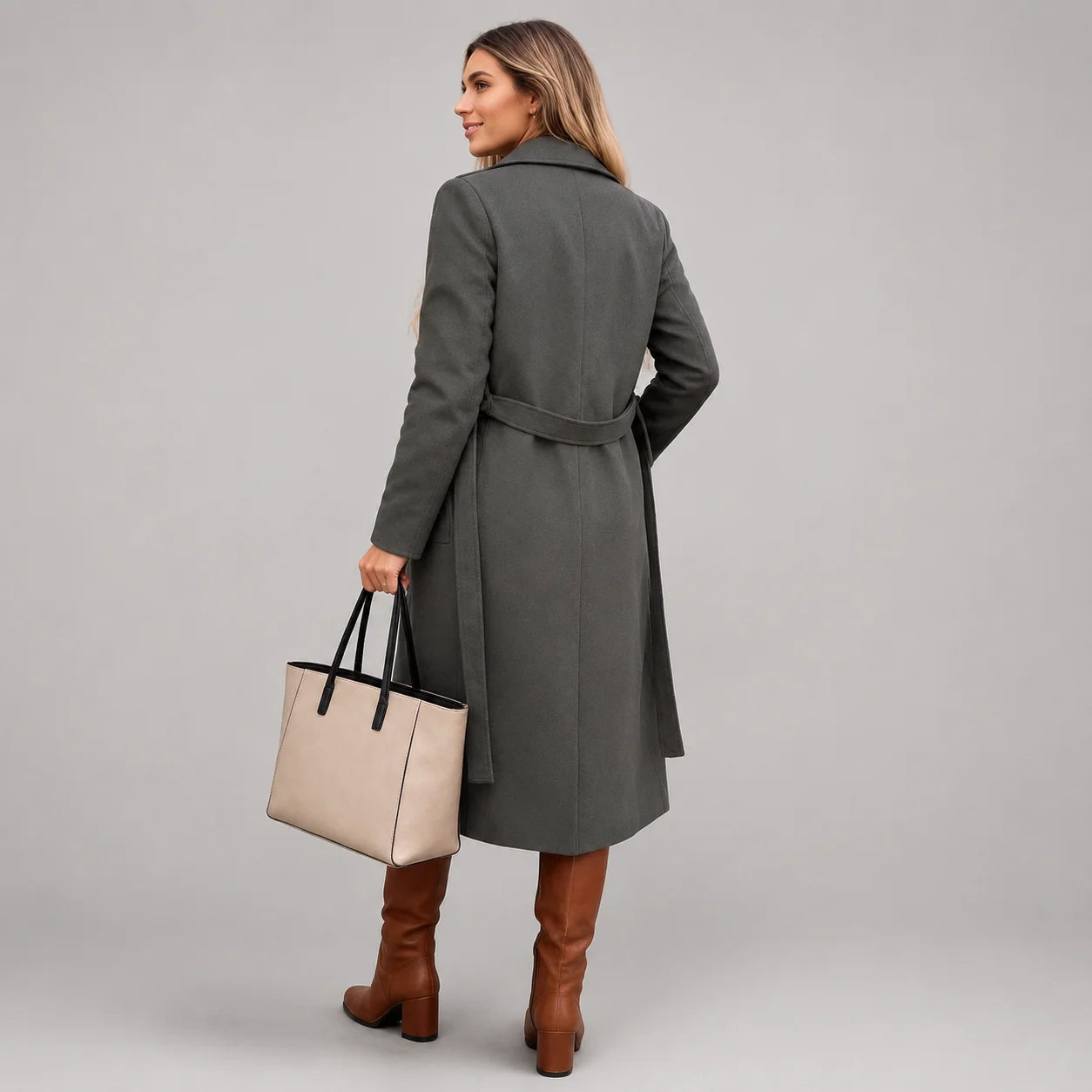 Casaco Longo de Lã Open Front com Cinto e Bolsos Chic Lenogue