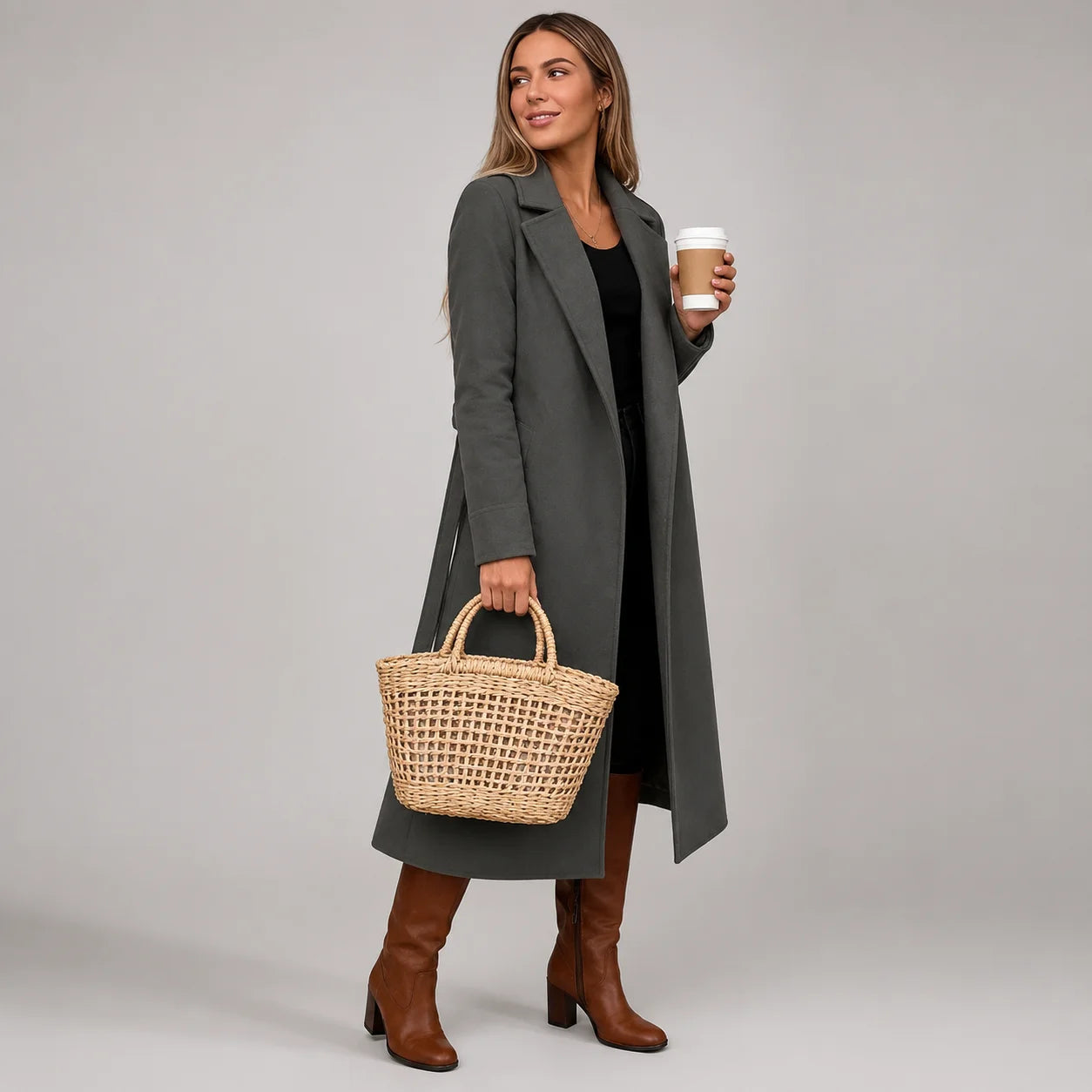 Casaco Longo de Lã Open Front com Cinto e Bolsos Chic Lenogue