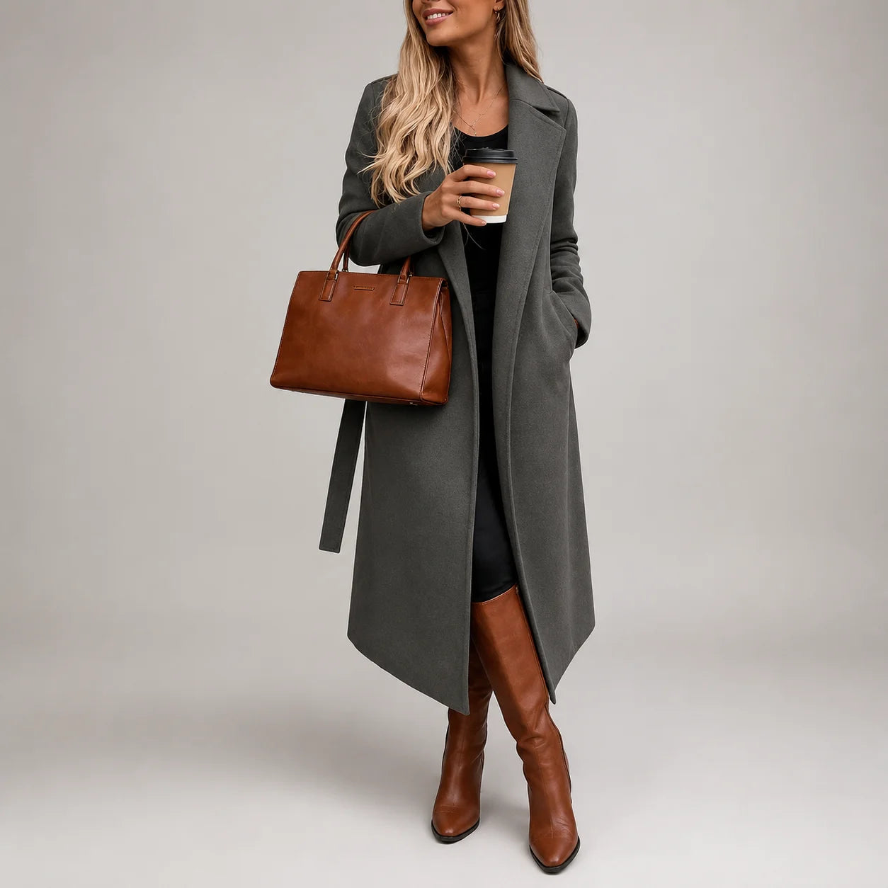 Casaco Longo de Lã Open Front com Cinto e Bolsos Chic Lenogue Cinza / p