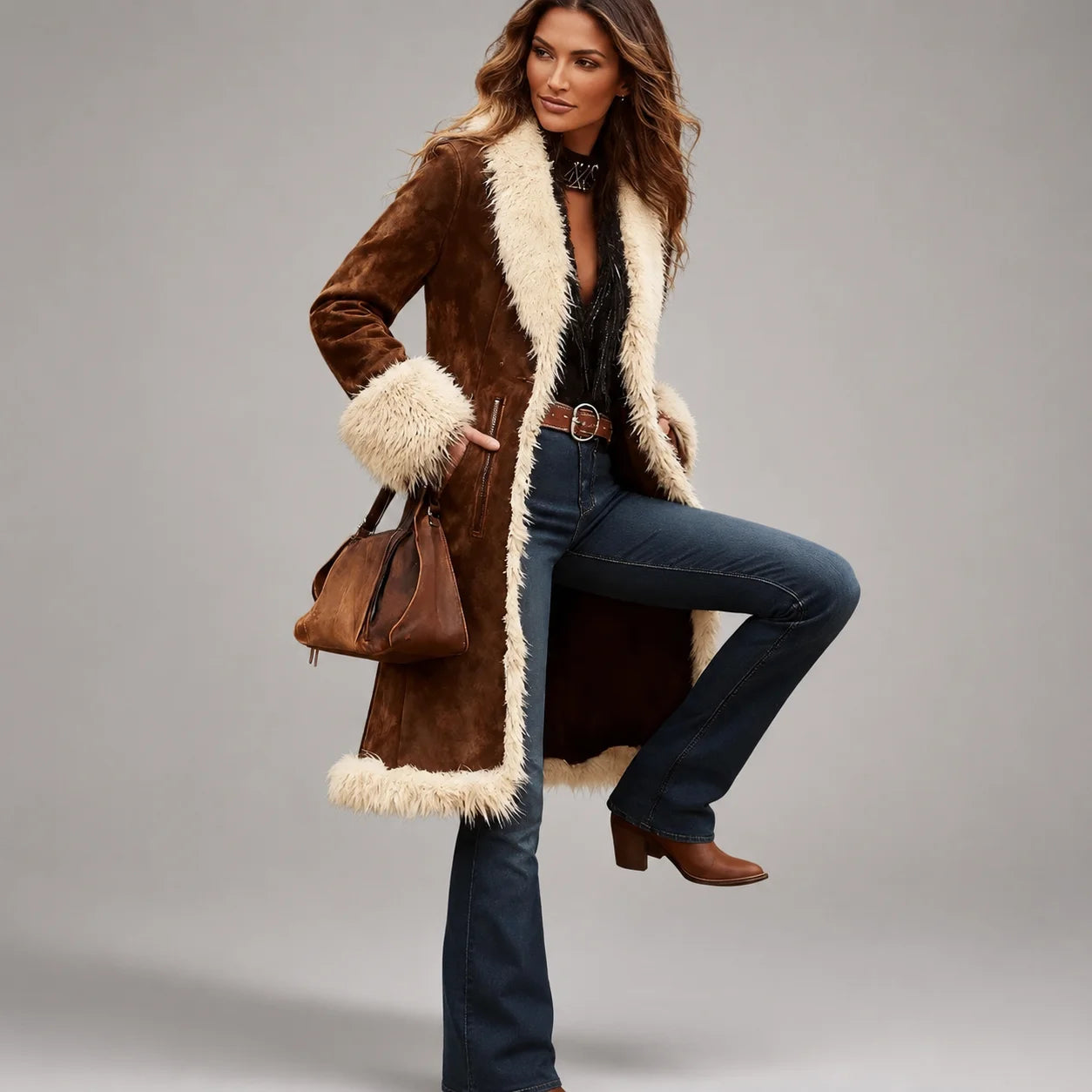 Casaco Longo de Pelúcia Western Open Front Vintage Allure Lenogue