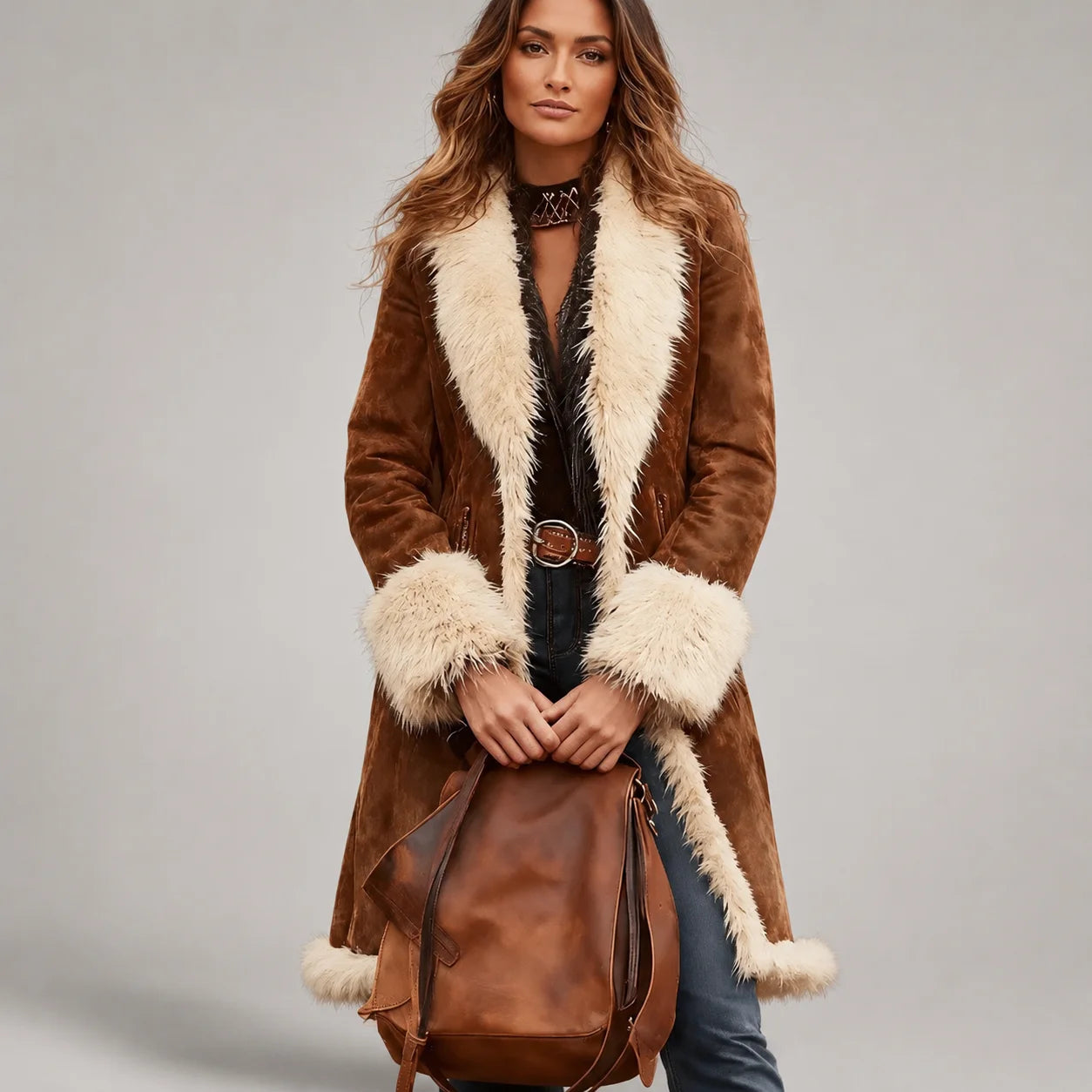 Casaco Longo de Pelúcia Western Open Front Vintage Allure Lenogue