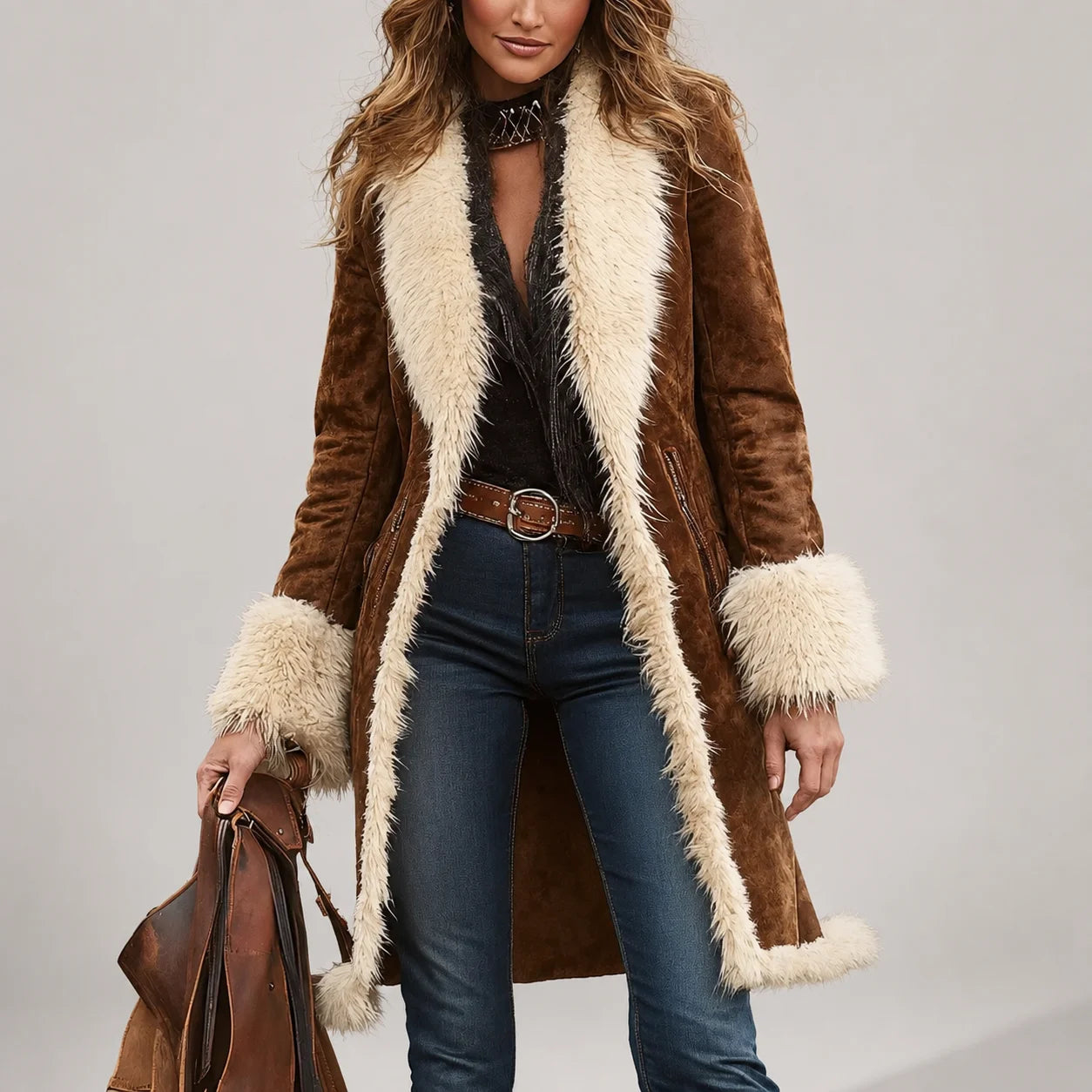 Casaco Longo de Pelúcia Western Open Front Vintage Allure Lenogue