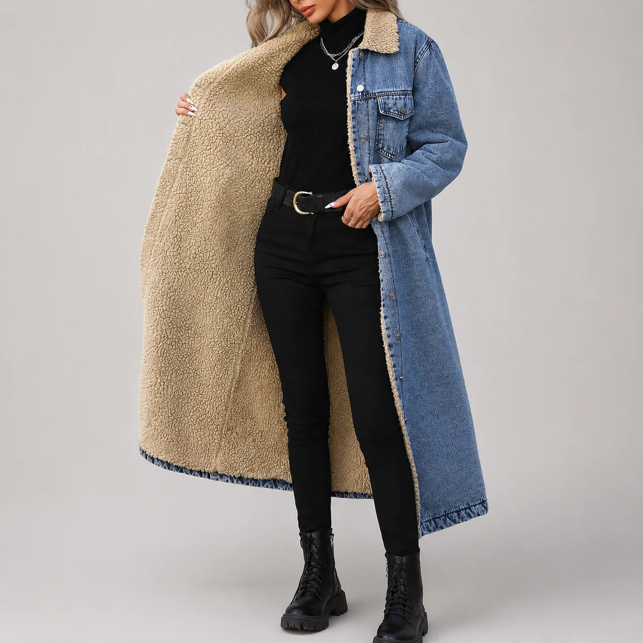 Casaco Longo Jeans Open Front com Pelúcia Interna Chic Lenogue