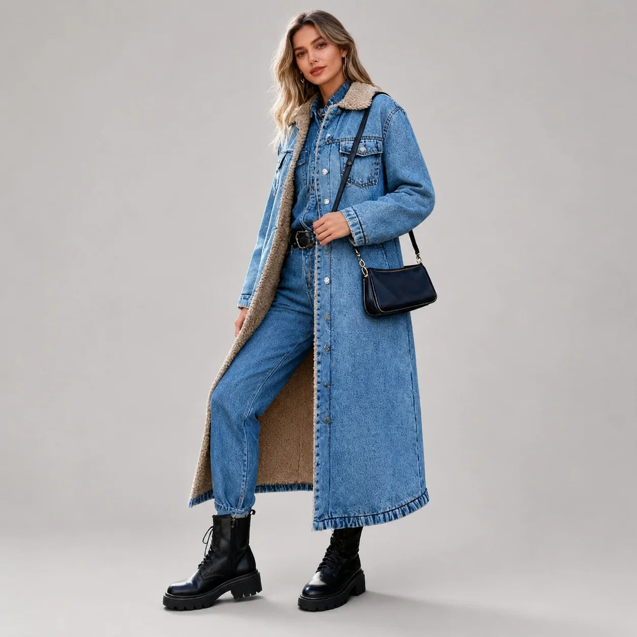 Casaco Longo Jeans Open Front com Pelúcia Interna Chic Lenogue Azul / Pp