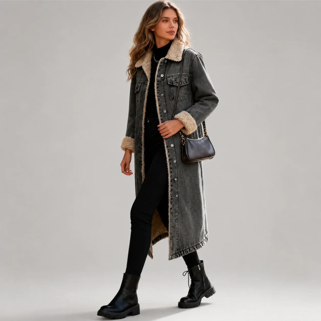 Casaco Longo Jeans Open Front com Pelúcia Interna Chic Lenogue Preto / Pp