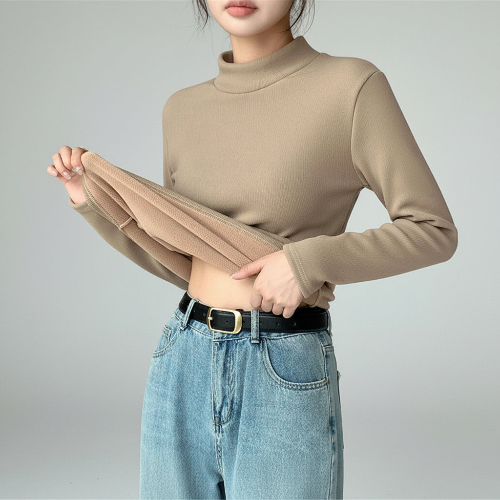 Casaco Peluciado com Gola Alta e Forro de Veludo Lenogue Caqui / m