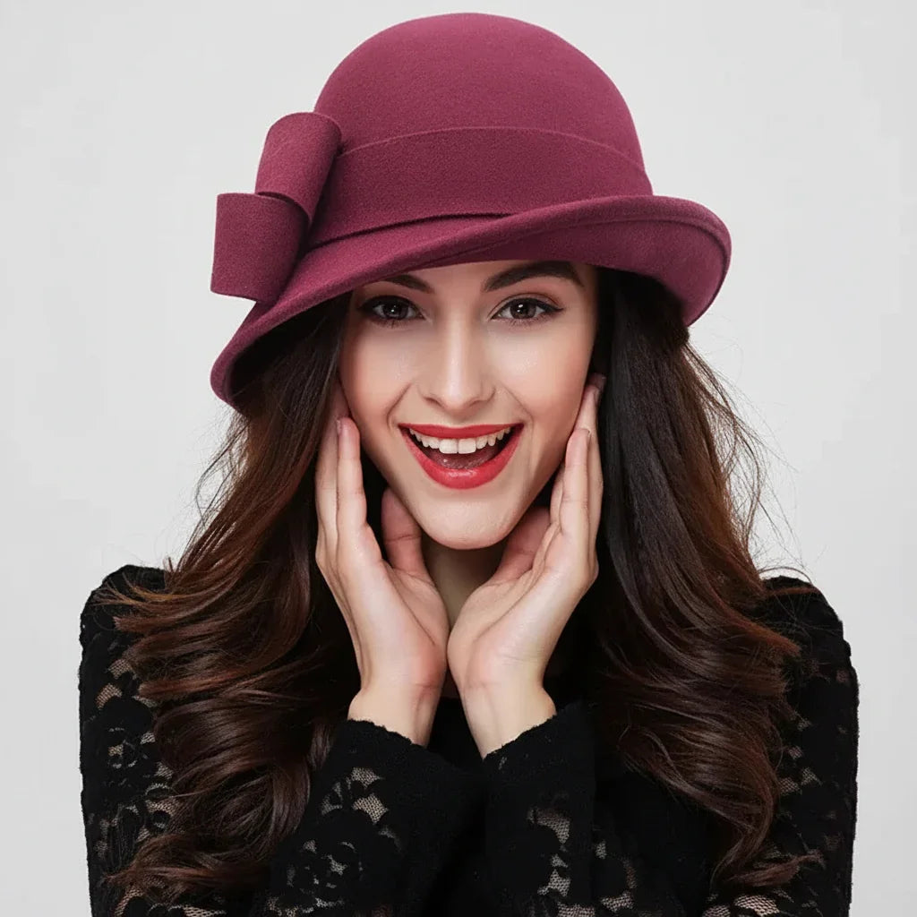 Chapéu Fedora de Lã com Flor Estilo Gatsby Vintage Allure Lenogue Vinho