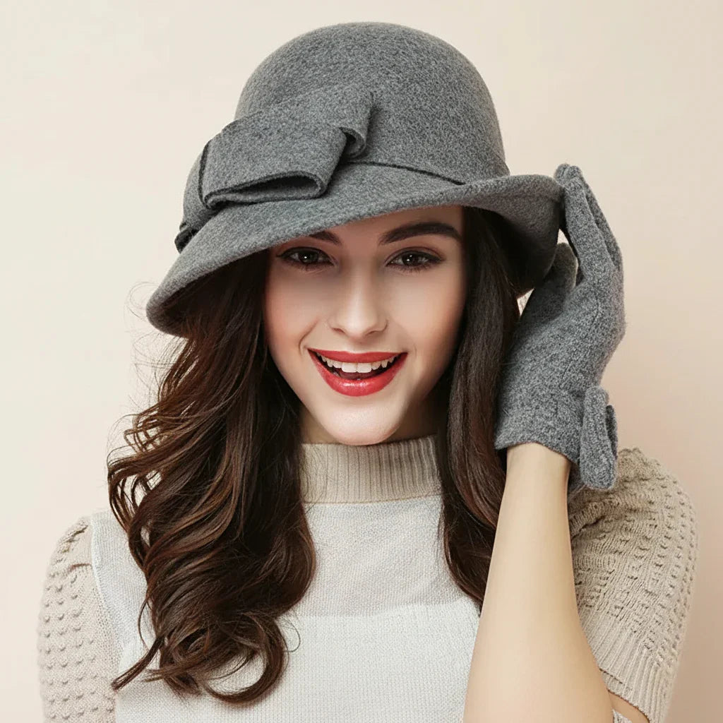 Chapéu Fedora de Lã com Flor Estilo Gatsby Vintage Allure Lenogue Cinza