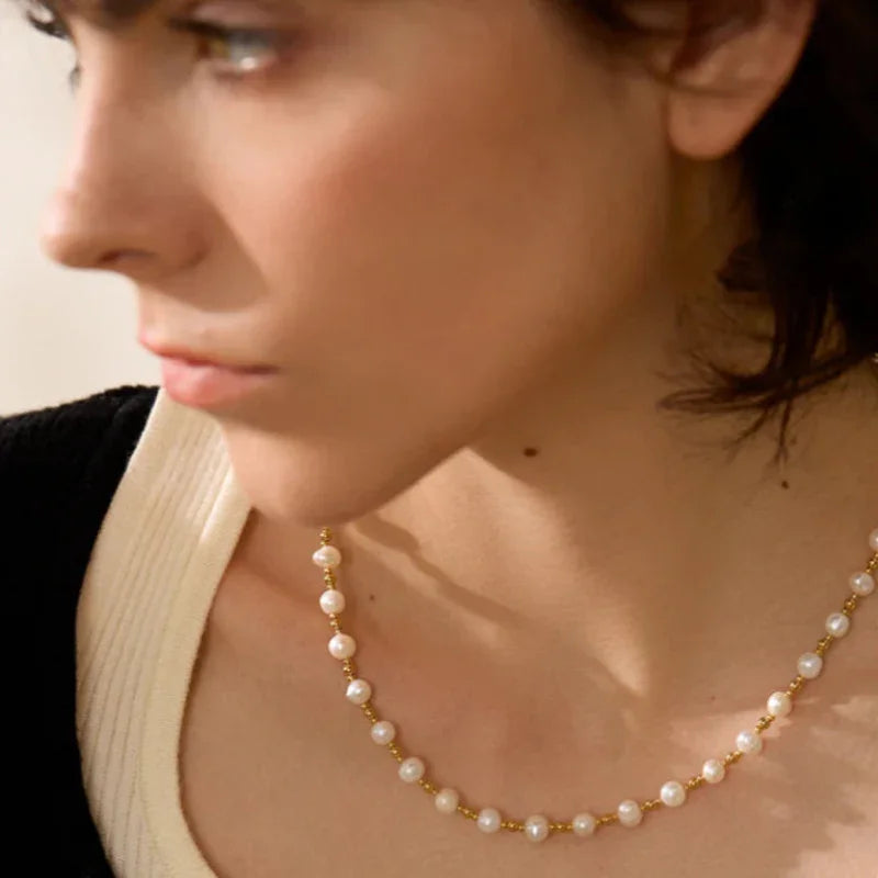 Colar de Pérolas água Doce Banhado a Ouro 18k Lenogue