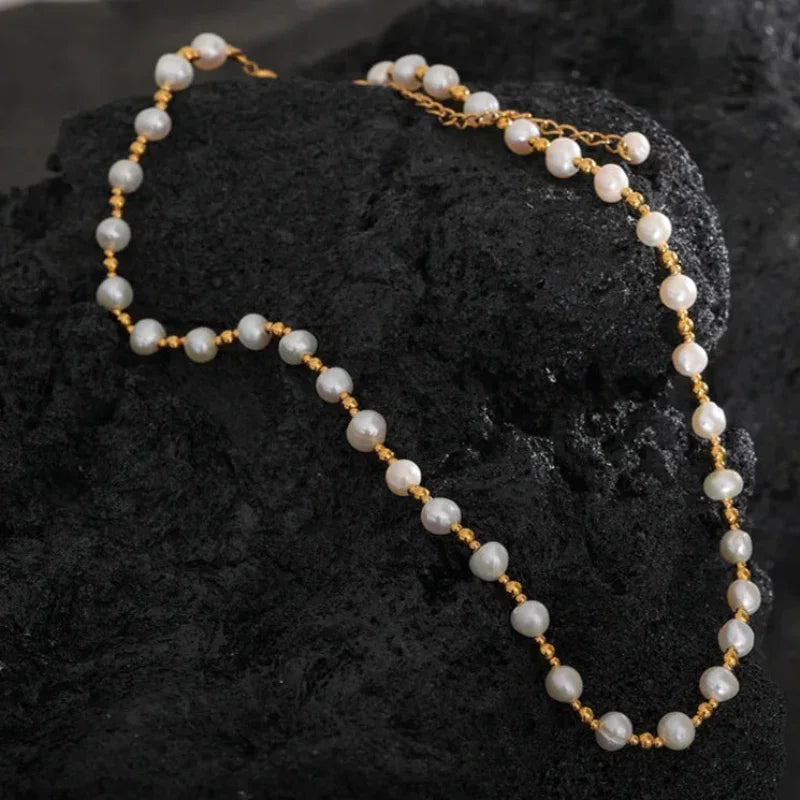 Colar de Pérolas água Doce Banhado a Ouro 18k Lenogue