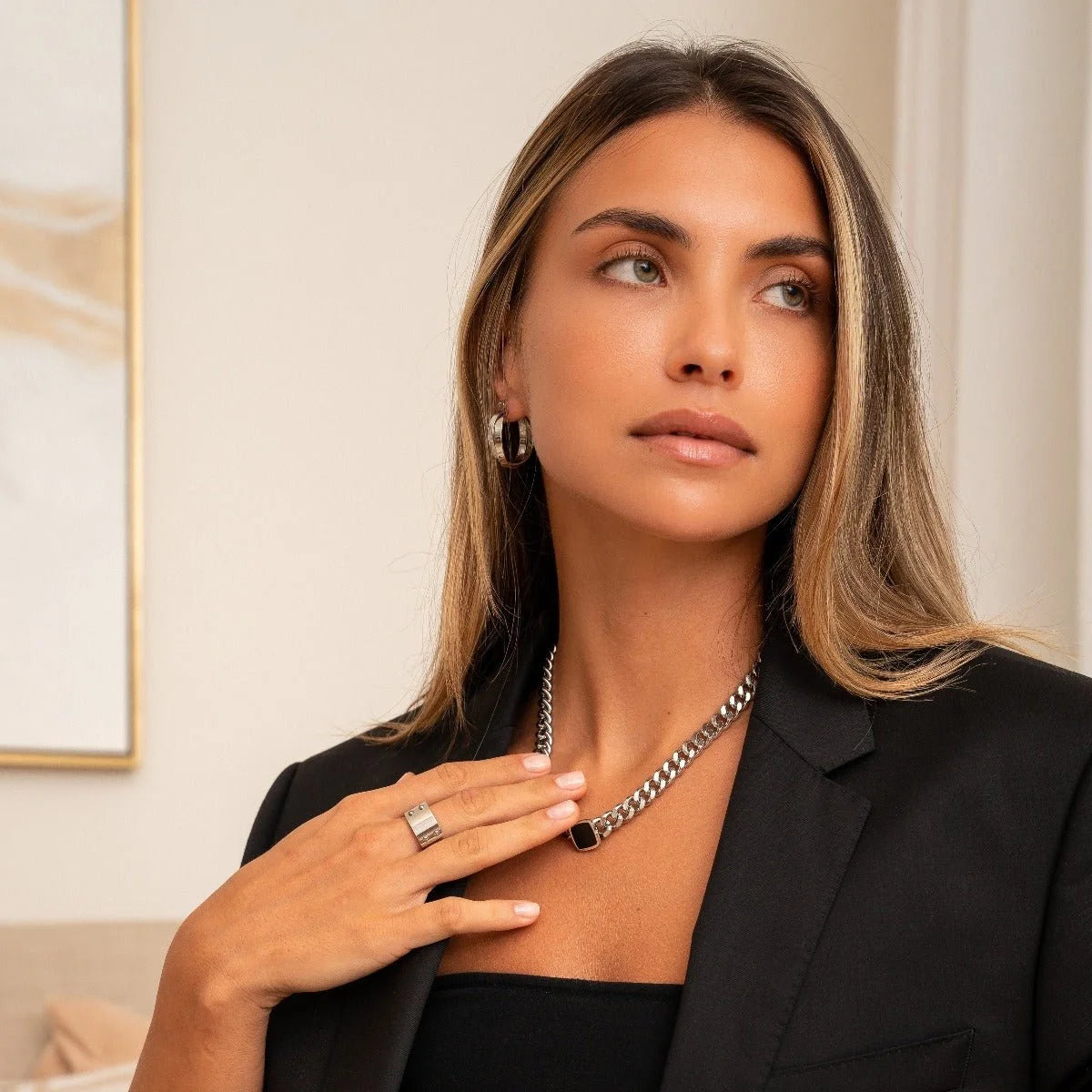 Colar Imperial Corrente Pedra Onix Quadrada Prata Lenogue / 45cm