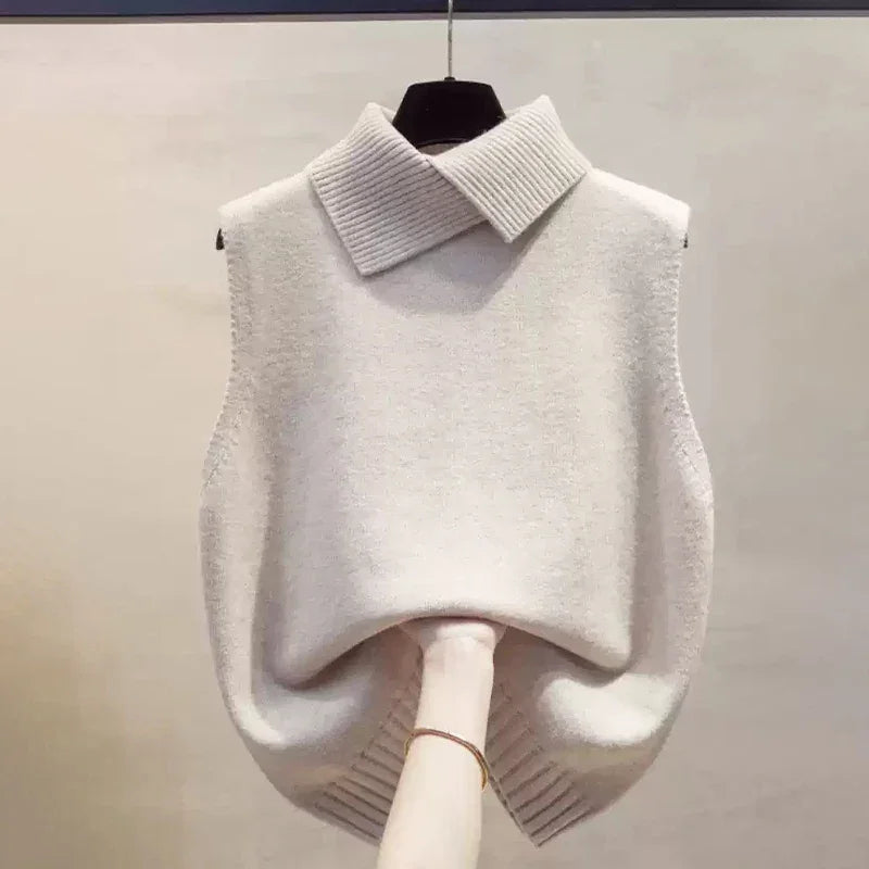 Colete de Tricot Gola Lapela sem Manga Slim Raffiné Lenogue Bege / único
