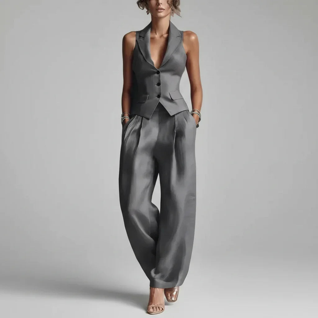 Conjunto Alfaiataria Colete Gola Notched Calça Slim Chic Lenogue Cinza / p