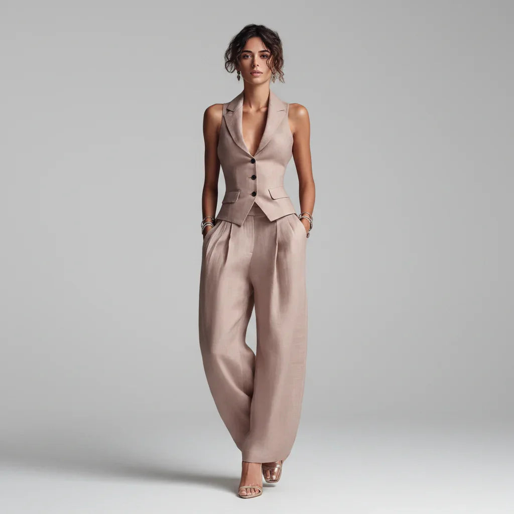 Conjunto Alfaiataria Colete Gola Notched Calça Slim Chic Lenogue Rosa / p