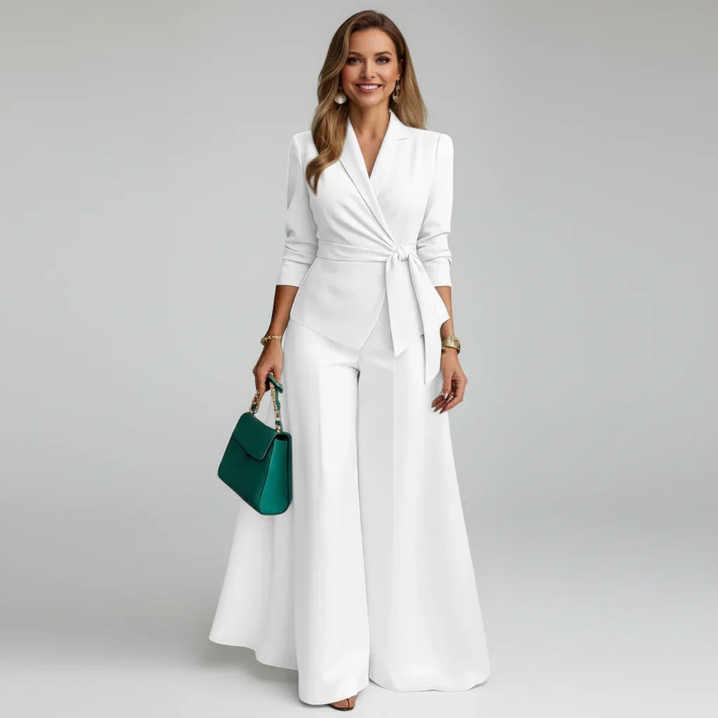 Conjunto Blazer Leve com Cinto e Calça Pantalona Lenogue Branco / p