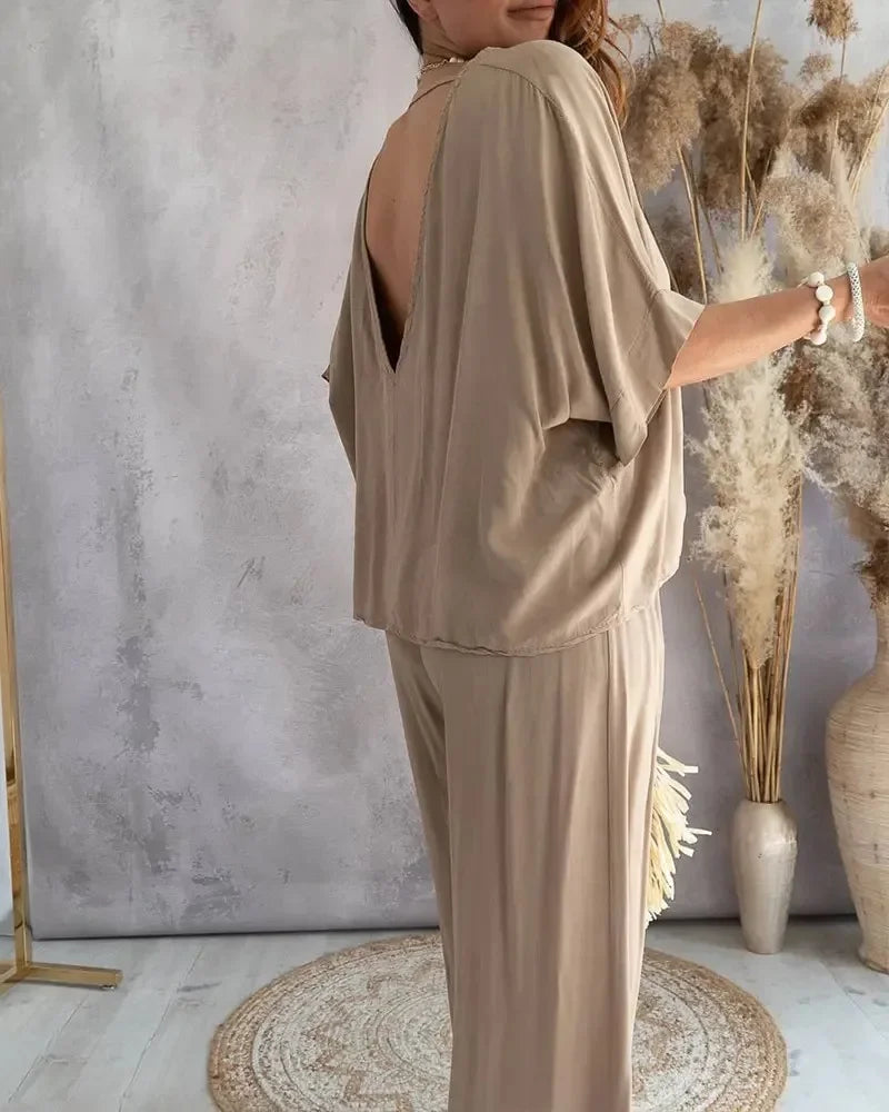 Conjunto Blusa Decote v e Calça Reta Alfaiataria Leve Lenogue