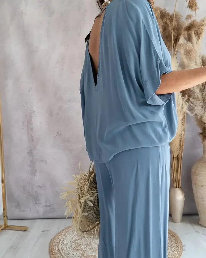 Conjunto Blusa Decote v e Calça Reta Alfaiataria Leve Lenogue