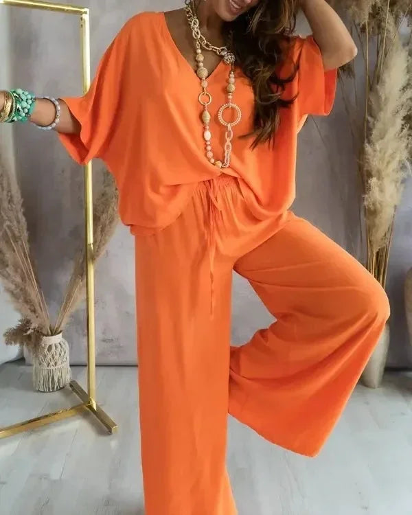 Conjunto Blusa Decote v e Calça Reta Alfaiataria Leve Lenogue Laranja / p
