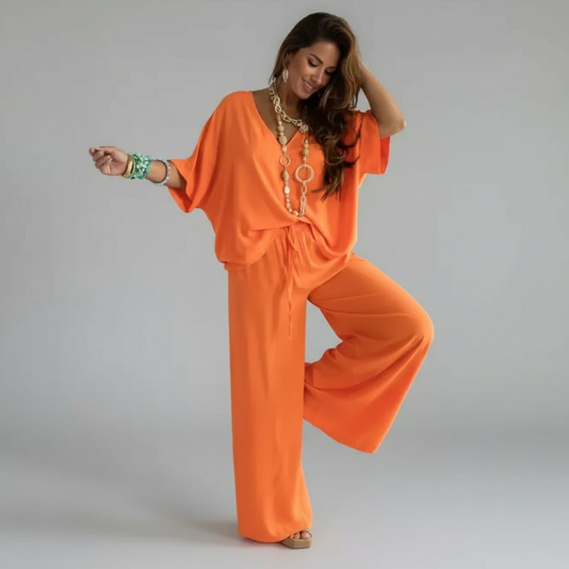 Conjunto Blusa Decote v e Calça Reta Alfaiataria Leve Lenogue Laranja / p