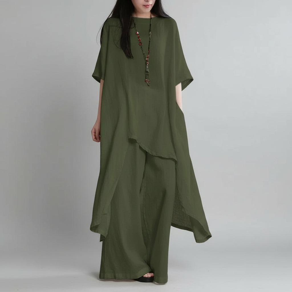 Conjunto Blusa e Calça Pantalona Linho Algodão Cintura Alta Lenogue Verde / p