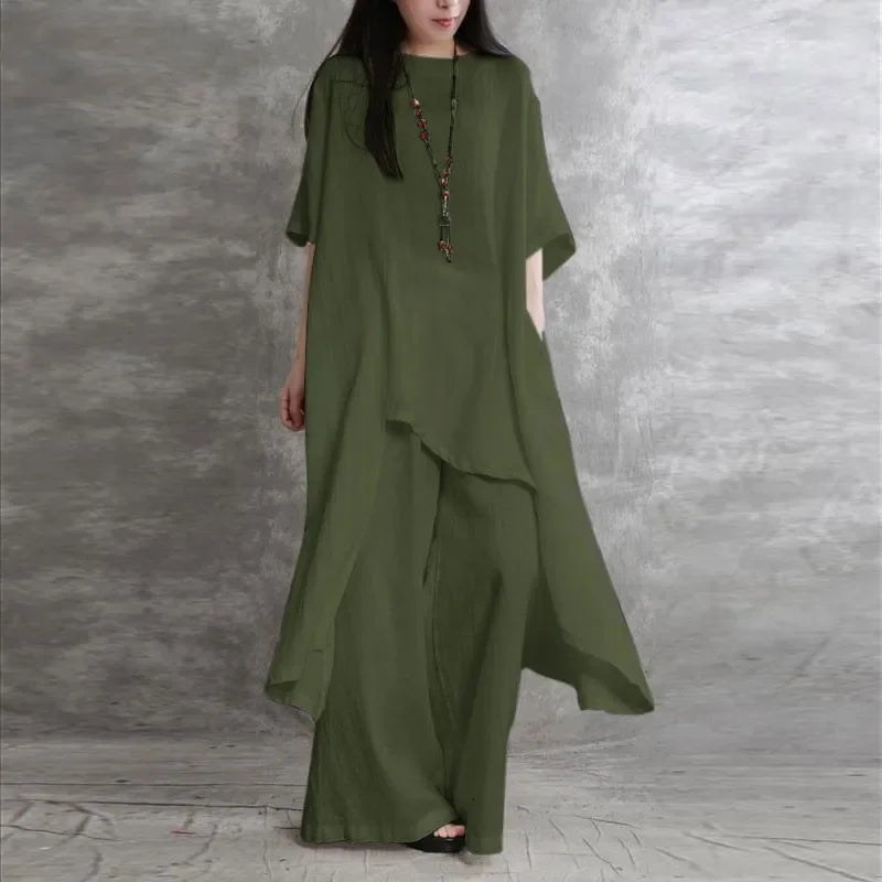 Conjunto Blusa e Calça Pantalona Linho Algodão Cintura Alta Lenogue