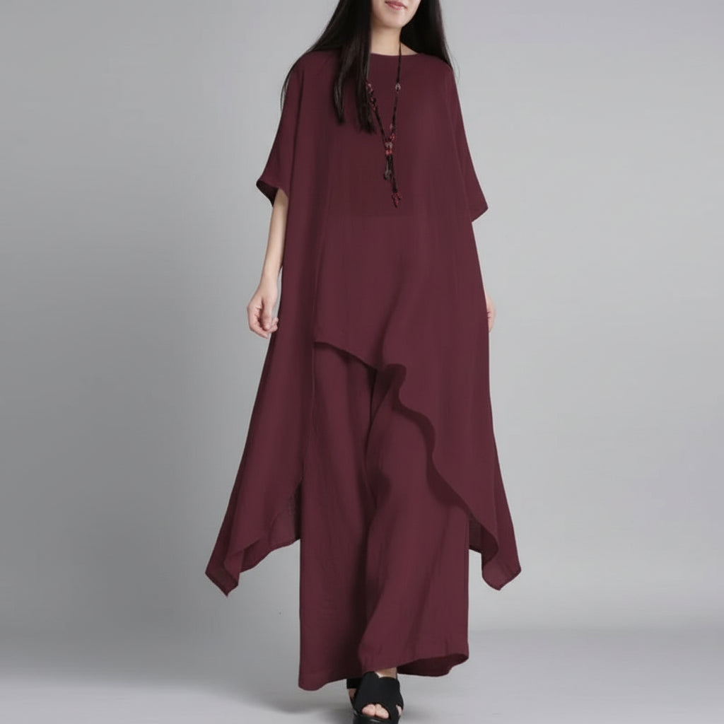 Conjunto Blusa e Calça Pantalona Linho Algodão Cintura Alta Lenogue Vermelho / p