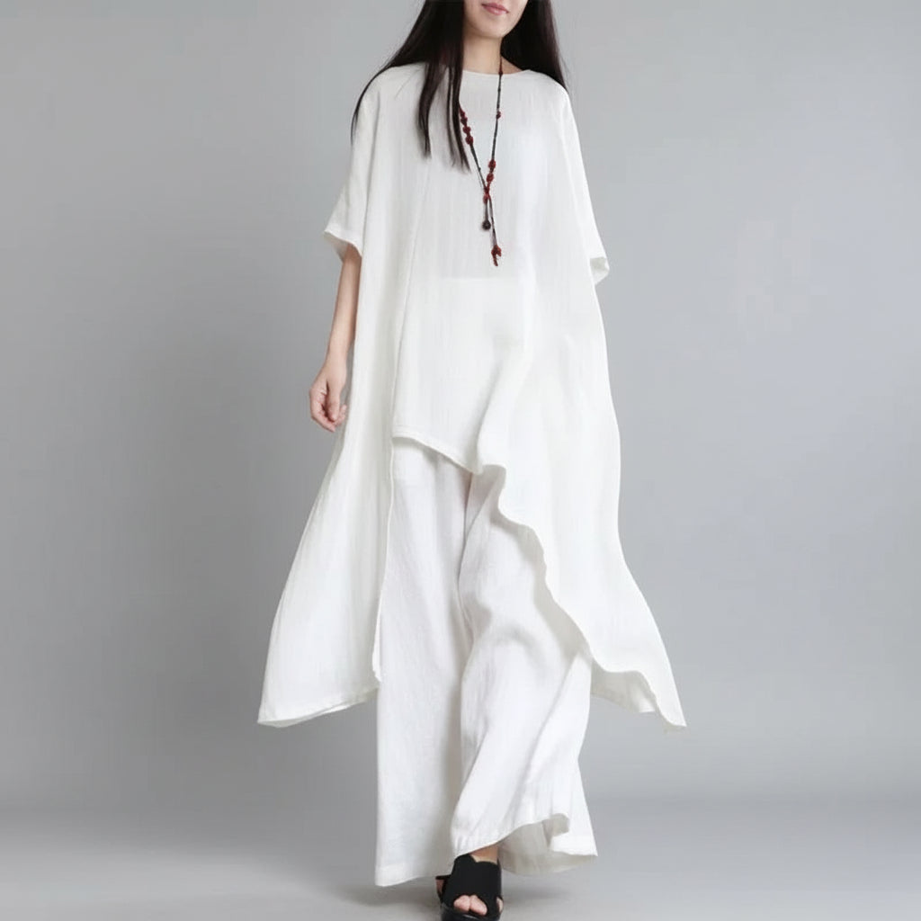 Conjunto Blusa e Calça Pantalona Linho Algodão Cintura Alta Lenogue Branco / p