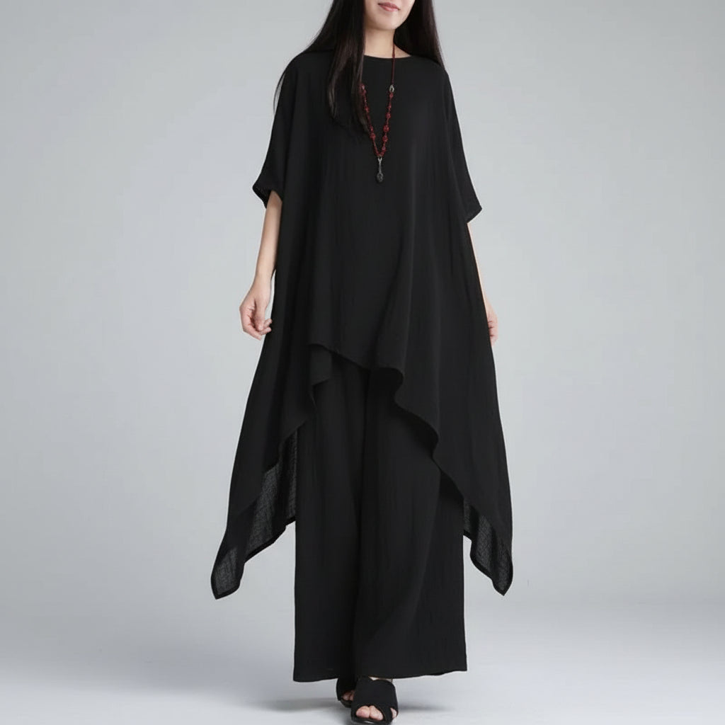 Conjunto Blusa e Calça Pantalona Linho Algodão Cintura Alta Lenogue Preto / p