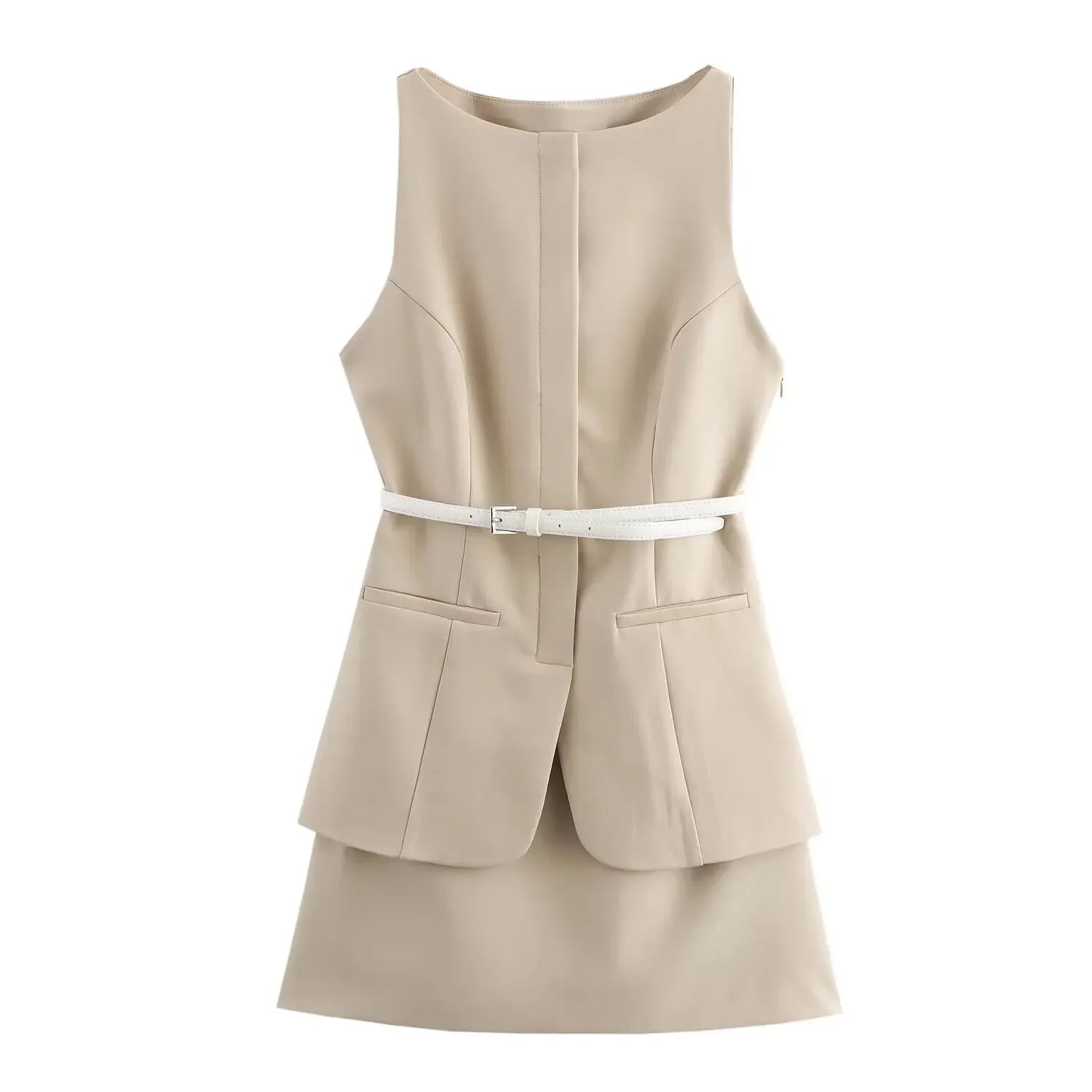 Conjunto Blusa sem Mangas Gola Redonda e Vestido Curto com Cinto Lenogue