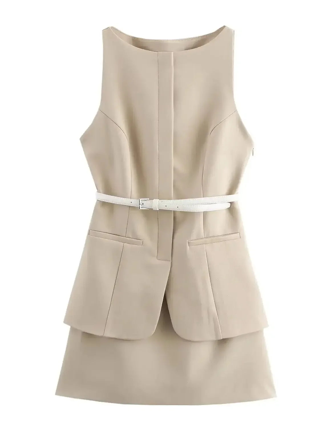 Conjunto Blusa sem Mangas Gola Redonda e Vestido Curto com Cinto Lenogue