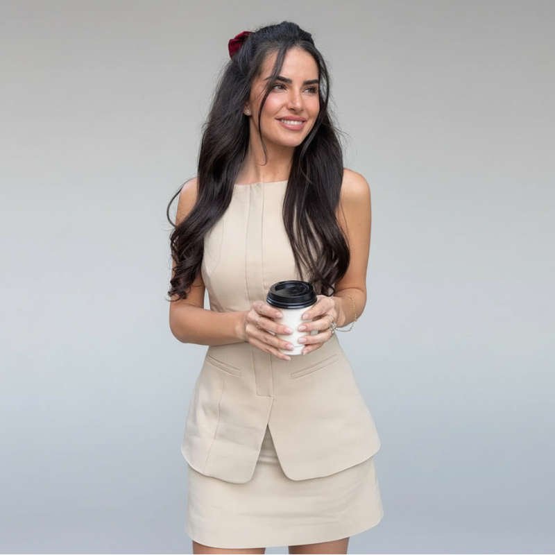 Conjunto Blusa sem Mangas Gola Redonda e Vestido Curto com Cinto Lenogue Bege / Pp