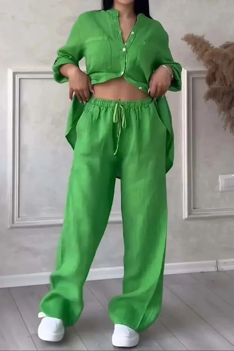 Conjunto Camisa e Calça Pantalona Linho Algodão Ajustável Lenogue Verde / p