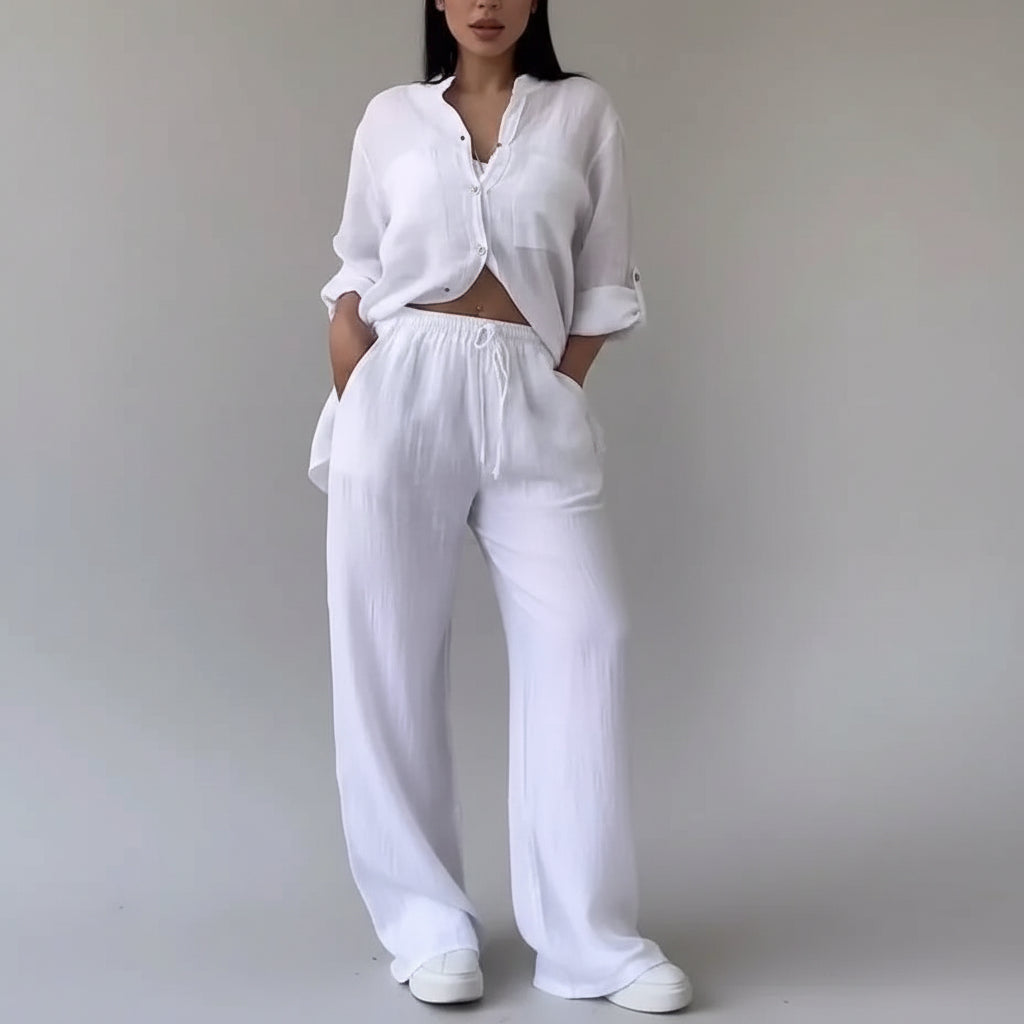 Conjunto Camisa e Calça Pantalona Linho Algodão Ajustável Lenogue Branco / p
