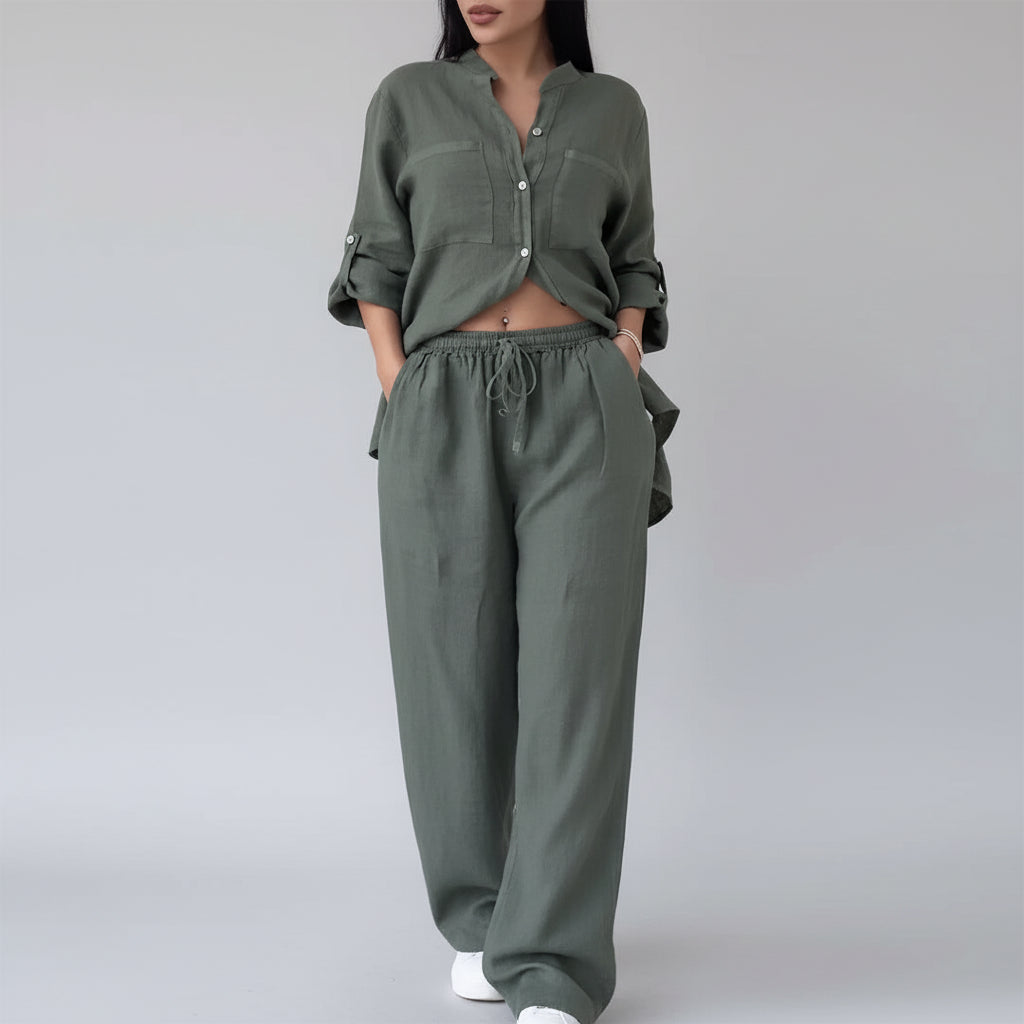 Conjunto Camisa e Calça Pantalona Linho Algodão Ajustável Lenogue Cinza / p