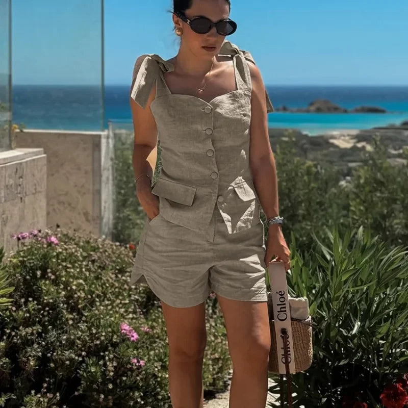 Conjunto Cardigã Top e Shorts de Poliéster Cintura Elástica Lenogue