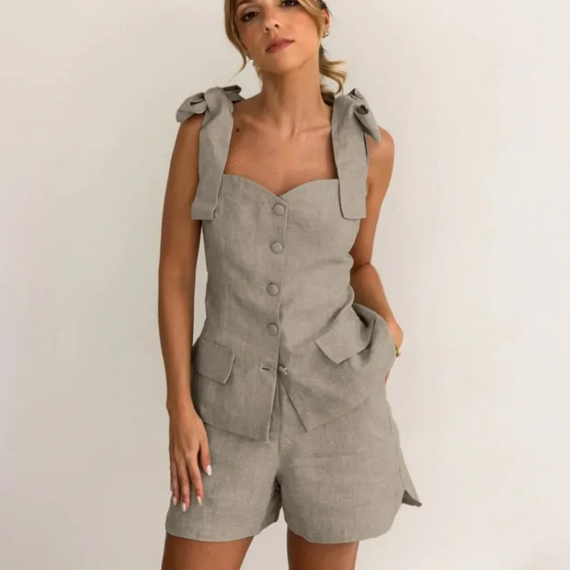 Conjunto Cardigã Top e Shorts de Poliéster Cintura Elástica Lenogue Bege / p