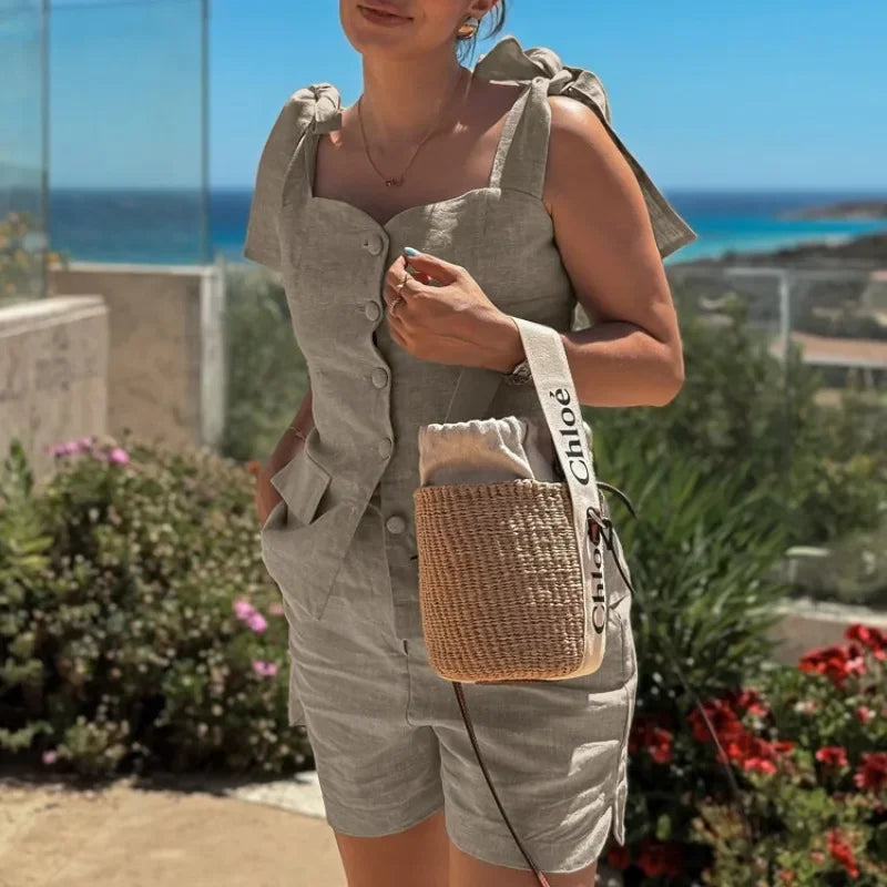 Conjunto Cardigã Top e Shorts de Poliéster Cintura Elástica Lenogue