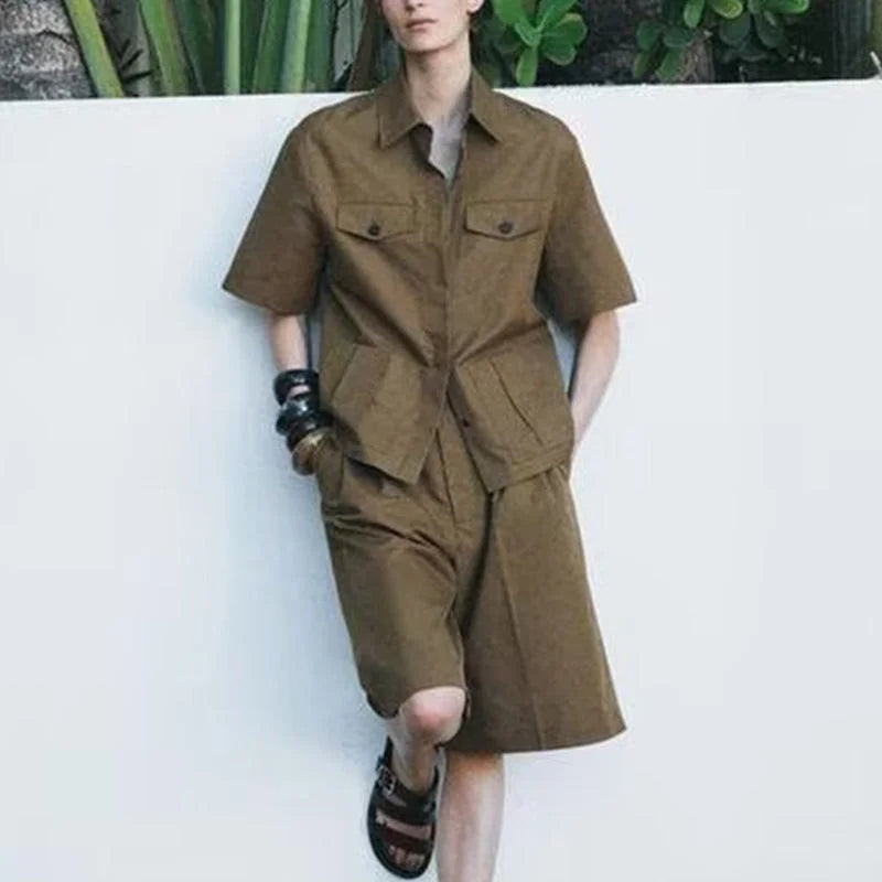 Conjunto Casual com Camisa de Bolsos e Shorts para Verão Lenogue
