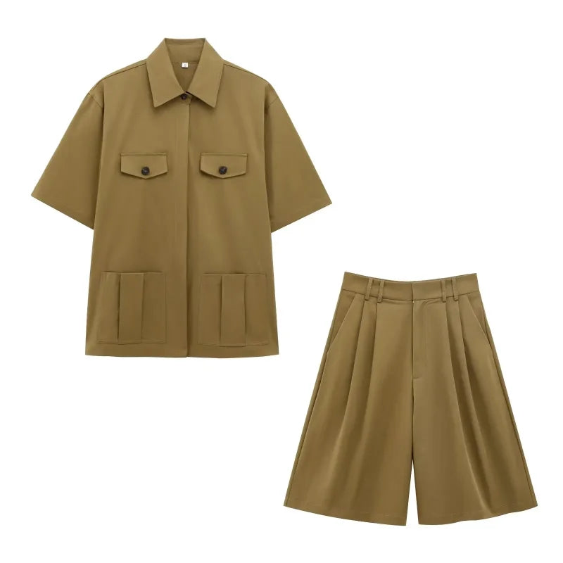 Conjunto Casual com Camisa de Bolsos e Shorts para Verão Lenogue