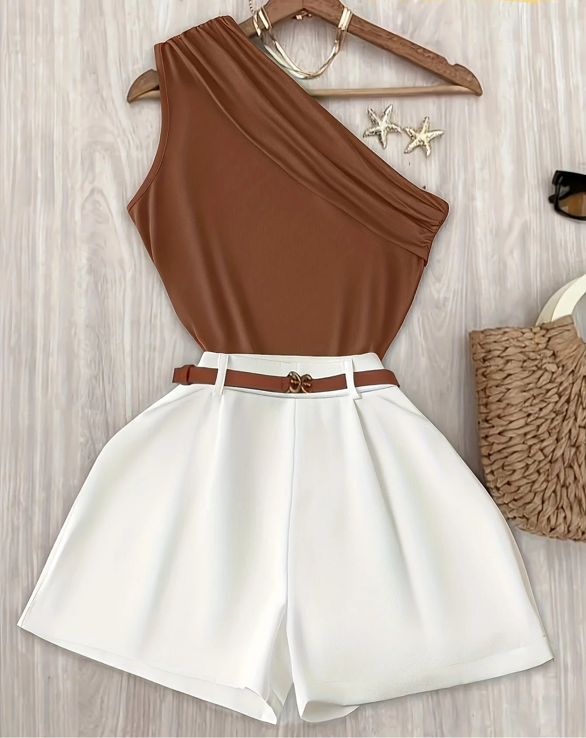 Conjunto Cintura Alta e Pernas Largas Marrom e Branco Élégant Lenogue