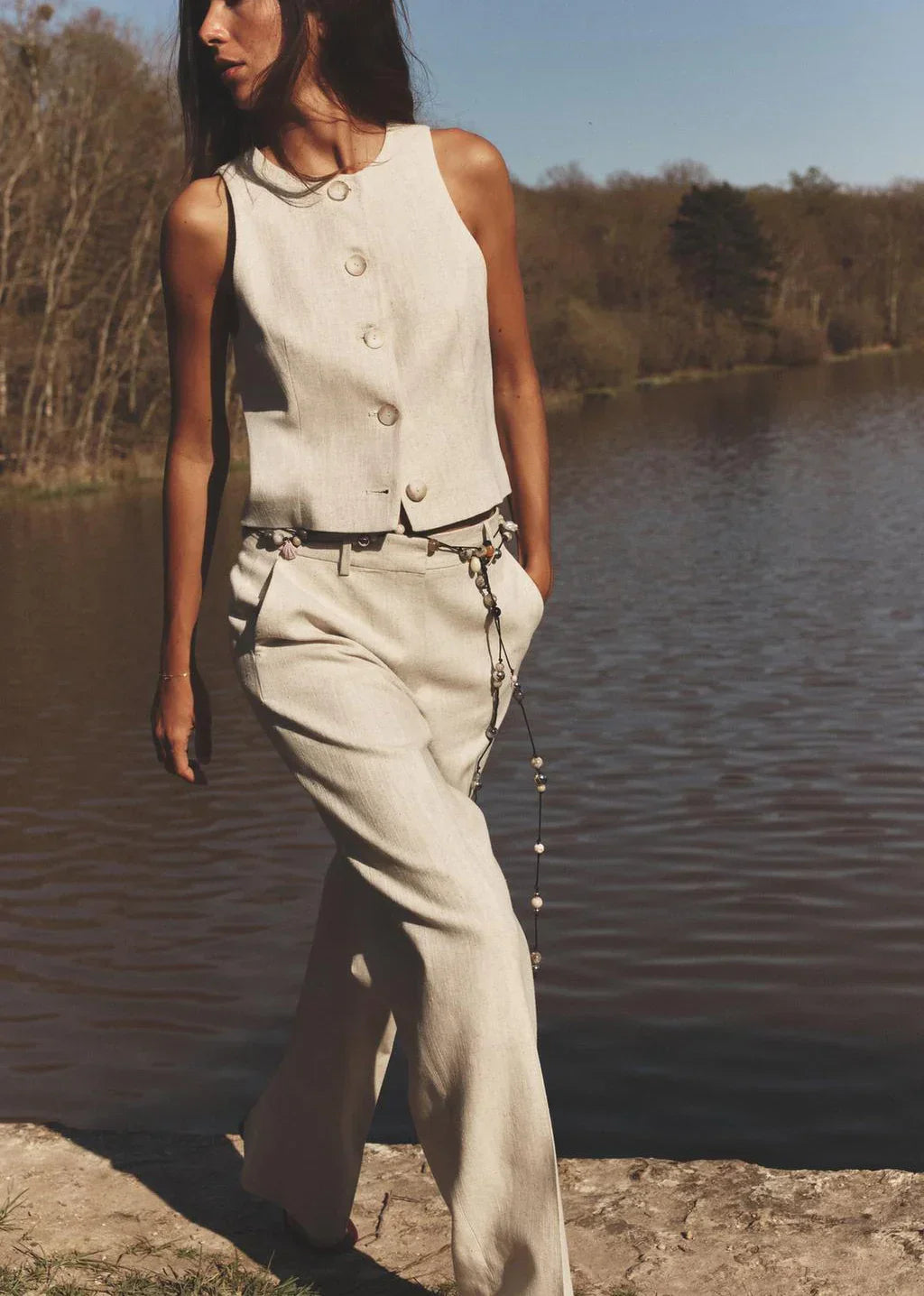 Conjunto Colete e Calça Reta de Alfaiataria Cintura Alta Lenogue