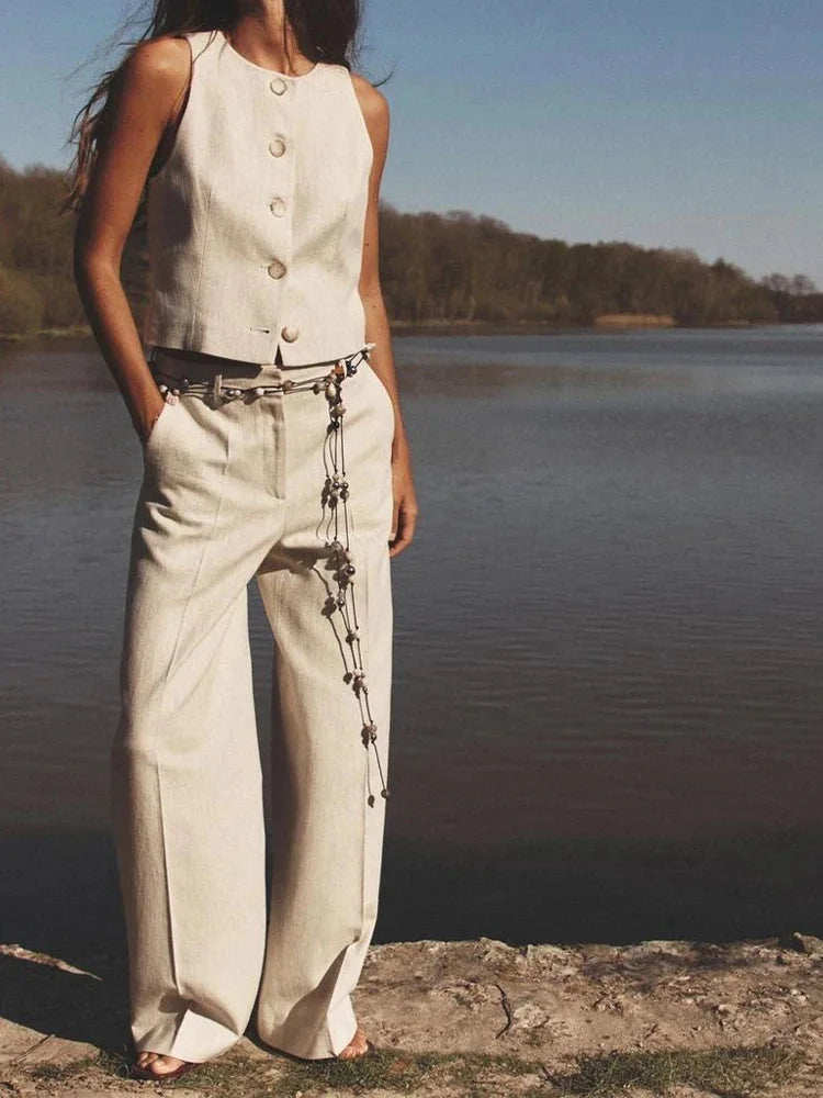 Conjunto Colete e Calça Reta de Alfaiataria Cintura Alta Lenogue