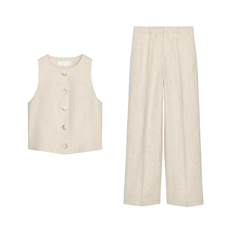 Conjunto Colete e Calça Reta de Alfaiataria Cintura Alta Lenogue