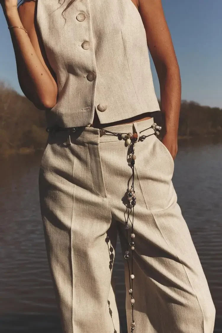 Conjunto Colete e Calça Reta de Alfaiataria Cintura Alta Lenogue