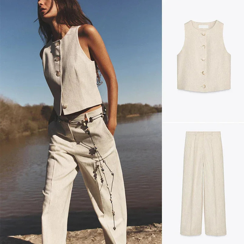 Conjunto Colete e Calça Reta de Alfaiataria Cintura Alta Lenogue