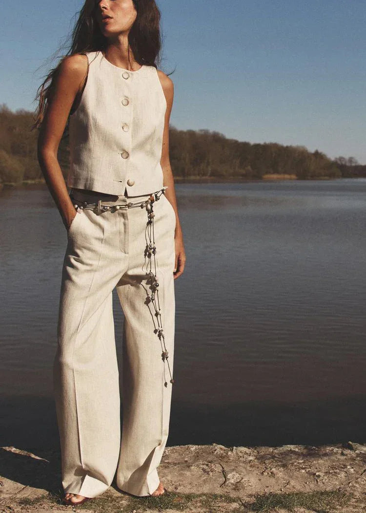 Conjunto Colete e Calça Reta de Alfaiataria Cintura Alta Lenogue Bege / Pp