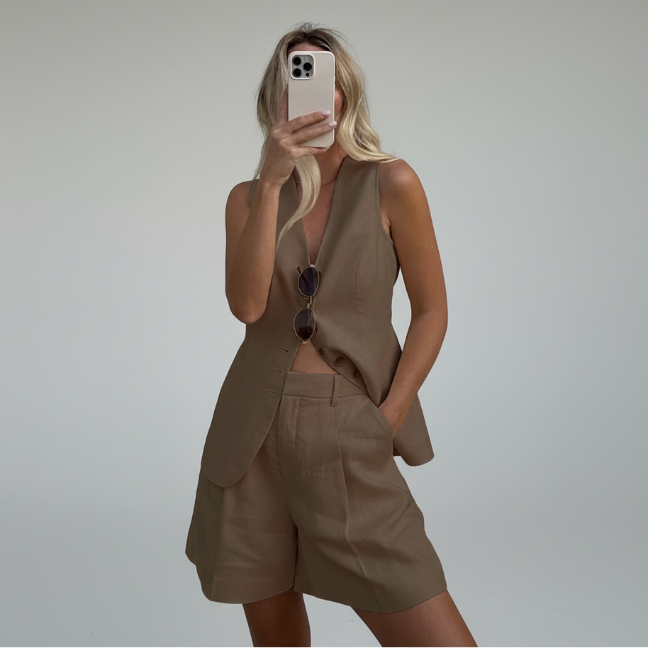 Conjunto Colete e Shorts em Alfaiataria Leve de Algodão Lenogue Marrom / p