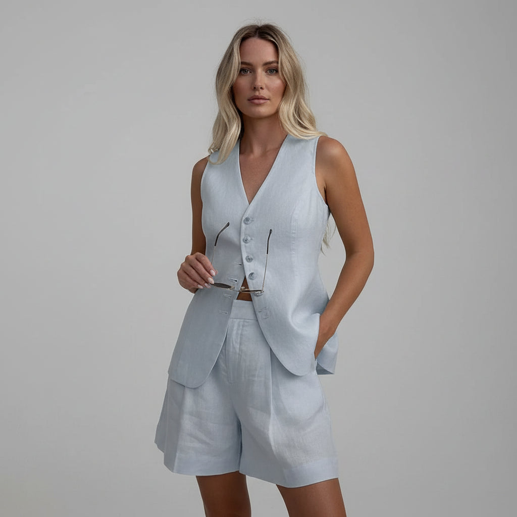 Conjunto Colete e Shorts em Alfaiataria Leve de Algodão Lenogue Azul / p