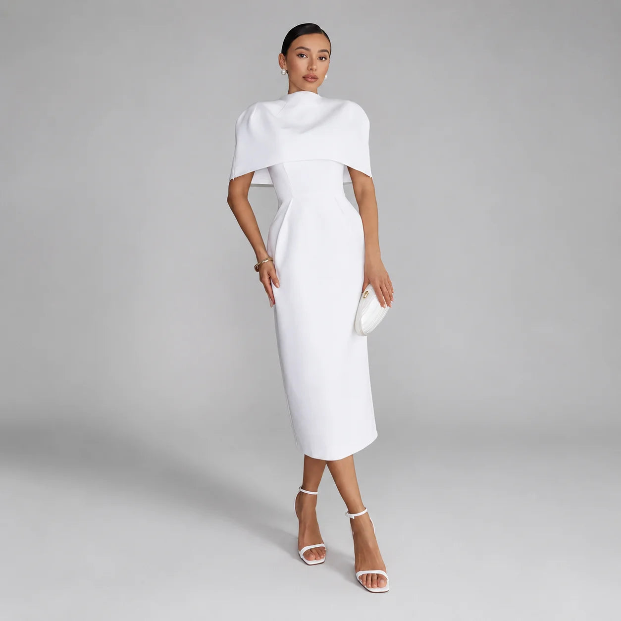 Conjunto com Vestido e Capa Xale Slim élégant Lenogue Branco / p