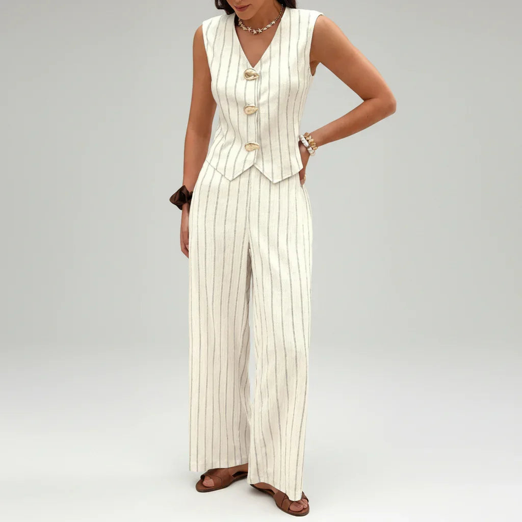 Conjunto de Colete e Pantalona Listrada Decote v élégant Lenogue Branco (off-white) / p